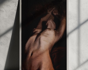 Sensual body art: female nude original oil painting, figurative intimacy canvas (33x22cm)