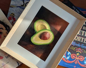 Avocado Oil Painting: Realistic Still Life with Pine Frame (6.7" x 9.1")