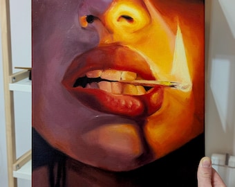 Dark Academia Fire Lips Art, Original Oil Painting 30x40cm.