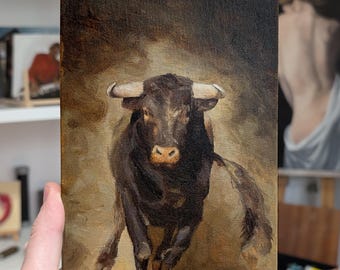 Toro bravo portrait: original oil painting, spanish bull fighting wall art (22x14cm)