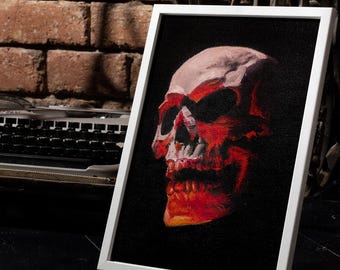 Gothic skull painting: original dark art canvas, death metal home decor (15x21cm)