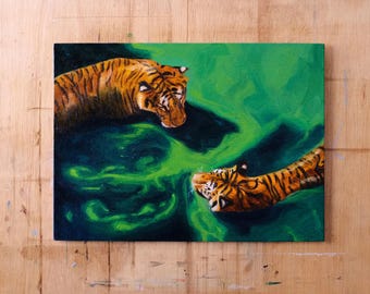 Mystical wildlife wall art. Original two tigers oil painting (33x22cm)