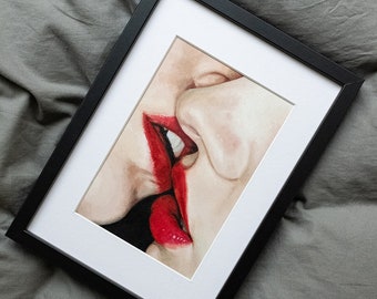Lesbian Kiss Oil Painting: Red Lips Sensual Artwork (5.5"x8.25")