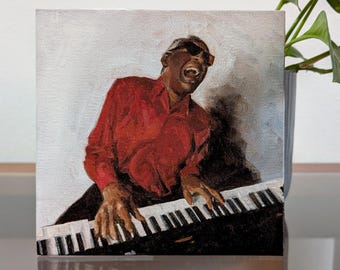 Ray Charles Playing Piano, Original Oil Painting, Soul Jazz Art 6x6 in