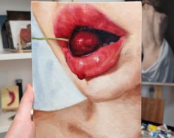 Cherry kiss: original oil painting, realistic mouth still life (18x24cm)