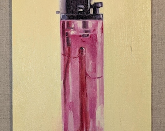 Pink Lighter Oil Painting, Pop Art Realism, Modern Still Life, 8.6x6.3 Inches