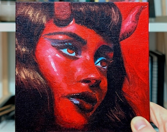 Devil Woman Oil Painting, Goth Pin Up Art, Red Horns (5.9"x 5.9")