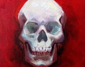 Realistic Skull Oil Painting, Red Background, Gothic Memento Mori Art 6x6 Inches