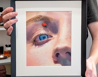 The ladybug on the eye: original oil painting, surreal realistic portrait (27x31cm)