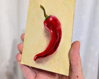 Mini red chili oil painting. Still life art kitchen decor (9x12cm)