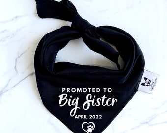 Pregnancy Announcement Dog Bandana - Promoted to Big Sister - Baby Reveal - Customisable Due Date - Pet Black Bandana