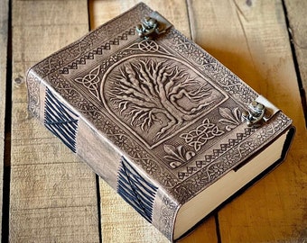 Large leather journal, vintage leather journal, tree of life journal, blank witch spell book of shadows grimoire journal, 10×7 inch