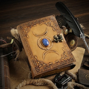 book of shadows, triple moon journal, grimoire journal, blank witch spell book, vintage leather journal, witchcraft supplies