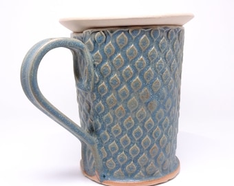 Grote mok thee, 500 ml of 17 oz. handgemaakt aardewerk, keramische mok, blauw, tranen