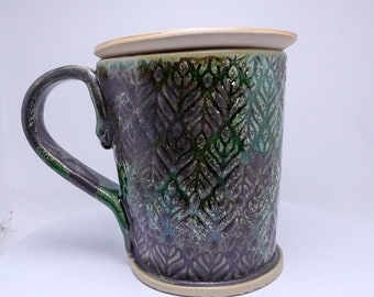 Big coffee cup, 500ml or 17oz. handmade potery , ceramics mug, green, leaves