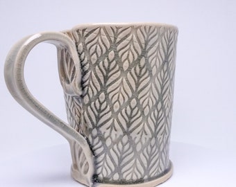 Big cup tea, 500ml or 17oz. handmade potery , ceramic mug, Grey, leaves