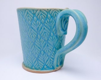Big coffe cup, 500ml or 17oz. handmade, ceramic mug, turquoise, leaves