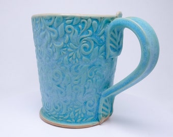 Big coffe cup, 500ml or 17oz. handmade, ceramic mug, turquoise, acanthus