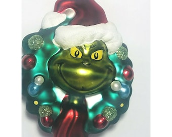 Dr Seuss.The Grinch Wreath Hallmark Glass Christmas Ornament Merry Grinchmas !