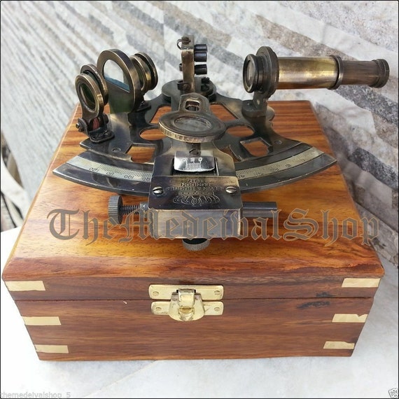 Collectible Antique Nautical Brass Working German Marine Sextant w/ Wooden Box 