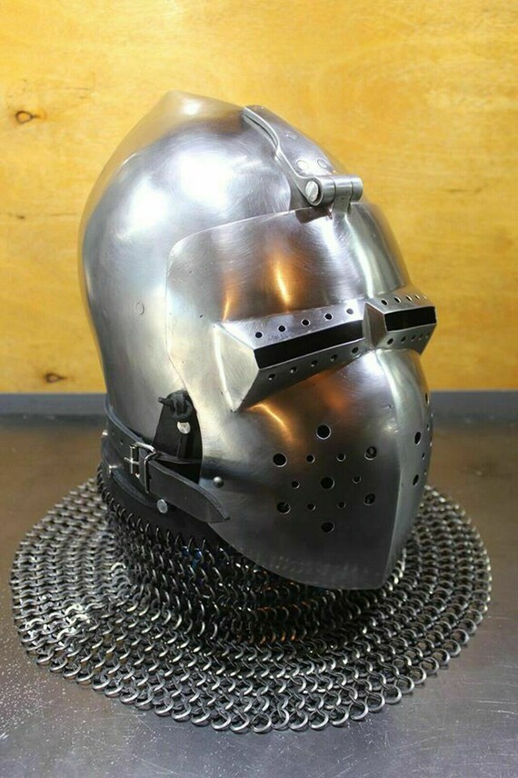 Antique Custom SCA HNB 14 Gauge Steel Medieval Combat Bascinet Helmet W Aventail 