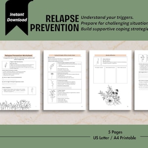 May include: A five-page Relapse Prevention printable worksheet set on US Letter paper. The pages feature black text, structured forms, and floral line art illustrations. The header reads Relapse Prevention, with subtext about triggers, coping strategies, and reflection. The layout includes sections for identifying patterns, emotional processing, and daily tracking.