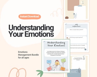 May include: A digital download titled "Understanding Your Emotions" with accompanying worksheets. The bundle includes pages for self-reflection and note-taking, designed for all ages. The image features a light peach background with a heart and leaf design.