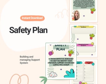May include: A printable worksheet titled "Safety Plan" with a green, white, and yellow cactus illustration, a snail illustration, and a cloud illustration. The worksheet is designed to help identify emotional support systems and coping mechanisms.