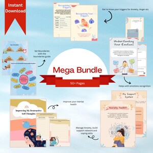 Therapy worksheet bundle, psychology resources, inner critic, boundaries, trauma, acceptance therapy, safety plan, planner, affirmations,GAD