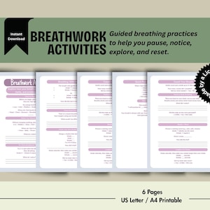 Op de afbeelding: Een set van zes printbare pagina's getiteld Breathwork Activities met begeleide ademhalingsoefeningen. De documenten bevatten paarse koppen, tekstprompts en lijnen om op te schrijven. Een zwarte badge vermeldt Made by a Licensed Therapist.