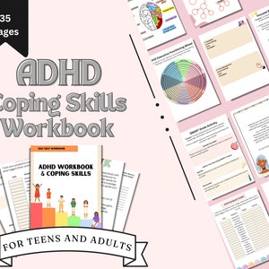 May include: A workbook titled "ADHD Coping Skills Workbook" for teens and adults. The cover features a colourful illustration of children climbing a rainbow-coloured staircase. The workbook includes 35 pages of activities and exercises to help manage ADHD.