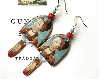 Renaissance Portrait Earrings with Red Coral, Teal Beads, Resin Drops