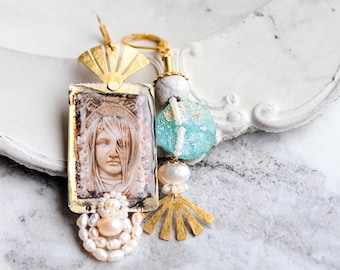 Stone face earrings, mismatched, asymmetrical jewelry