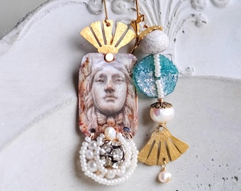 Viking Face Earrings, Mismatched, Asymmetrical Pearl Jewelry