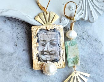 Asymetrical Stone face earrings, mismatched OOAK jewelry