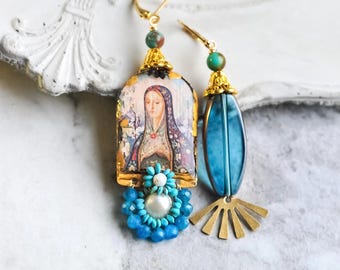 Asymetrical Madonna Saint Earrings, mismatched OOAK turquoise jewelry