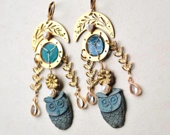 Owl Chadelier Earrings: Boho Celestial Moon Gold Jewelry