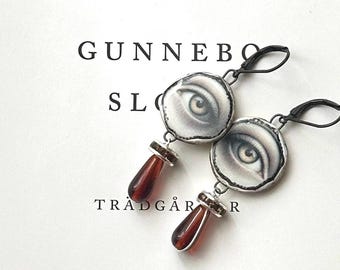 Handmade Ceramic Eye Earrings, Brown Glass Dangles, Gothic Boho Jewelry