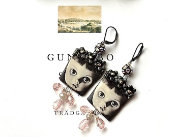 Doll & Dreams Whimsical Earrings of Nostalgic Wonder Magical Assemblage Ceramic Charms Pink Glass