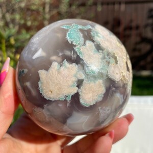 XL Druzy Flower Agate Crystal Sphere | Flower Agate Crystal Ball | Cherry Blossom Crystal