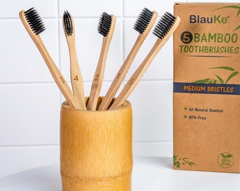 Bamboo Toothbrush with Medium Bristles 5-Pack | Wooden Toothbrushes with Charcoal Bristles | Eco Friendly Biodegradable Wood Toothbrush Set