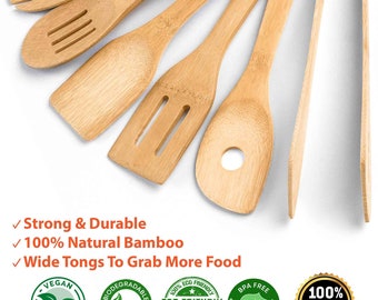 Bamboo Kitchen Utensils Set 8-Pack - Wooden Cooking Utensils for Nonstick  Cookware - Wooden Cooking Spoons, Spatulas, Turner, Tongs, Utensil Holder