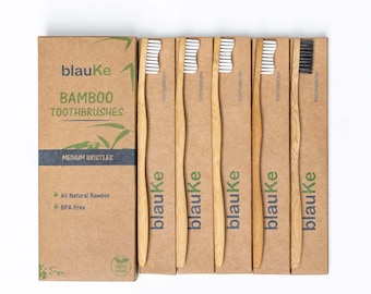 Bamboo Toothbrush Medium Bristle 5-Pack – 4 Bamboo Toothbrushes with White Bristles & 1 Charcoal Toothbrush – Natural Wood Toothbrush Set