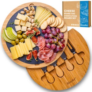 Bamboo Cheese Board Set: Swiveling Charcuterie Platter with Slate