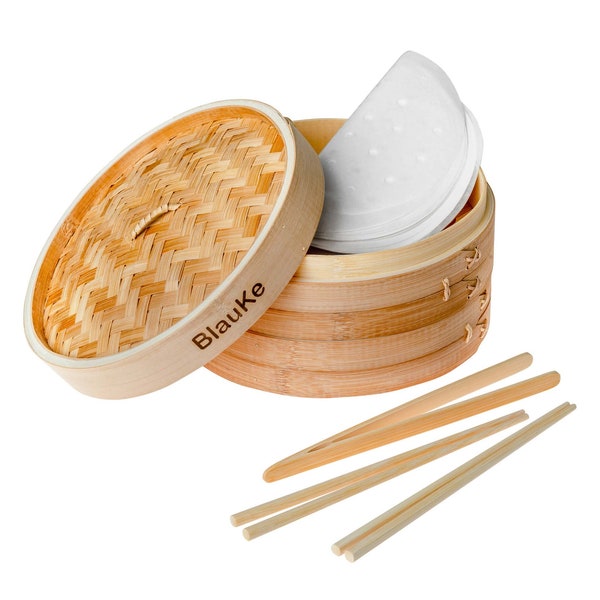 Vaporera de bambú de 25 cm: Juego de cocina asiática con palillos y forros