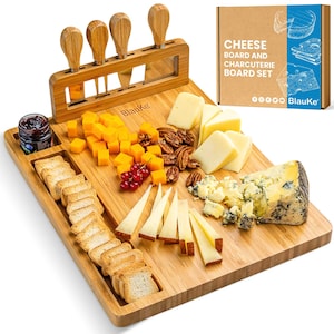 Bamboo Cheese Board Set: Charcuterie Serving Platter with 4 Knives
