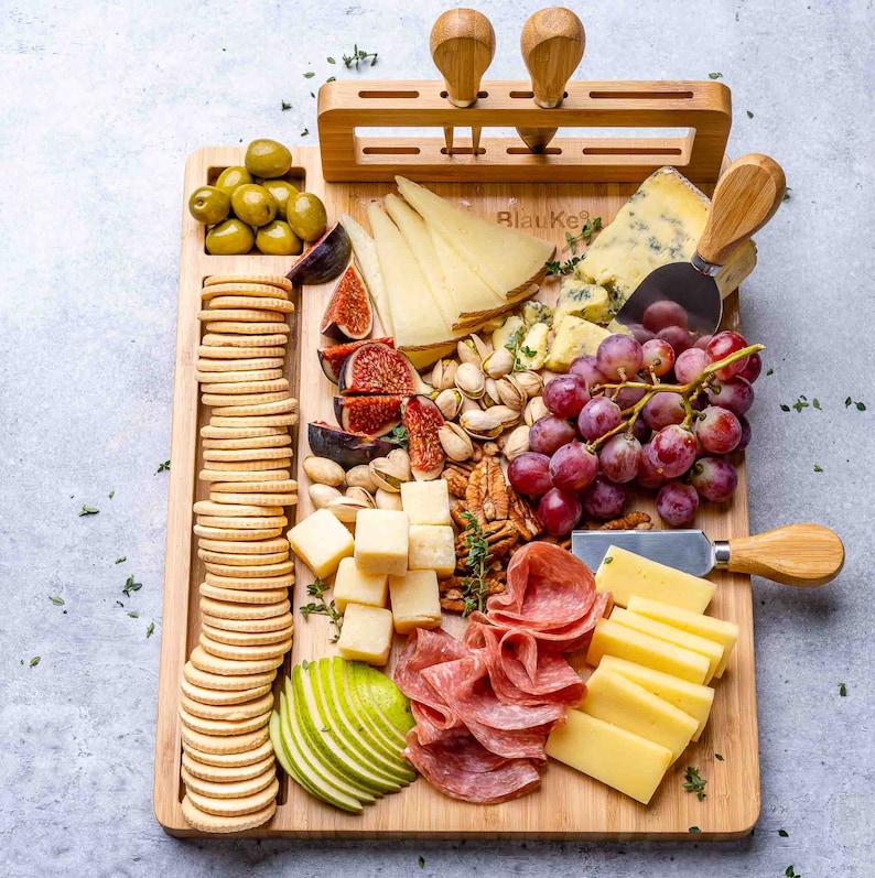 Bamboo Cheese Board and Knife Set, Charcuterie Board with 4 Cheese Knives, Serving Platter Tray - Anniversary Birthday Housewarming Gift
