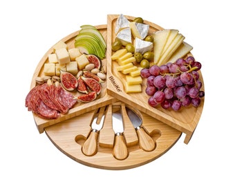 Bamboo Cheese Board and Knife Set - 14" Swiveling Charcuterie Board with Slide-Out Drawer - Anniversary Birthday Housewarming Gift