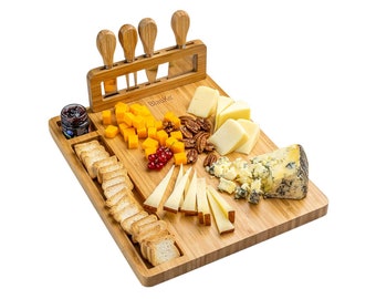 Bamboo Cheese Board and Knife Set, Charcuterie Board with 4 Cheese Knives, Serving Platter Tray - Anniversary Birthday Housewarming Gift