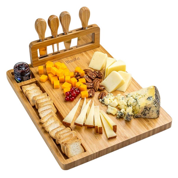 Bamboo Cheese Board and Knife Set, Charcuterie Board with 4 Cheese Knives, Serving Platter Tray - Anniversary Birthday Housewarming Gift